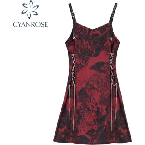 Tie Dyed Womens Spaghetti Strap Dress 2021 Summer Slim-Waist Streetwear Sexy Bandage Design Y2k Gothic A-Line Dresses Girl