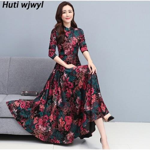 4XL Plus Size Print Floral Vintage Dress 2021 Spring Autumn Elegant Women Bodycon Knit Party Dress Cheongsam Runway Maxi Vestido