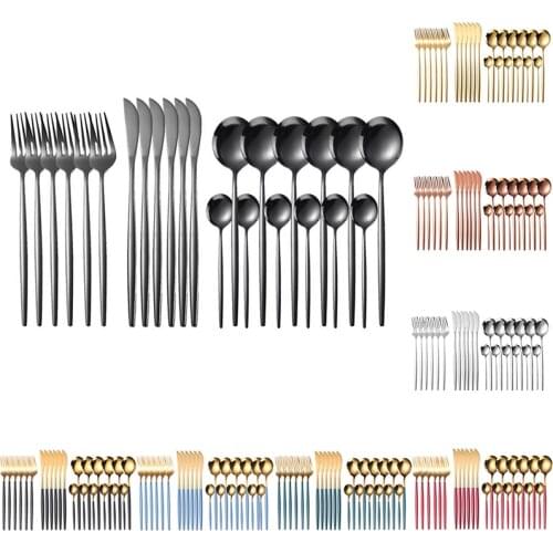 24PCs Multicolor Stainless Steel Rainbow Gold Knife Fork Spoon Home Tableware Gift Safe Cutlery Set Kitchen Tools 13cm-22cm Long