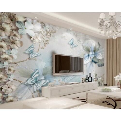 Beibehang Custom 3D wallpaper stereo light blue flower butterfly jewelry TV background wall wallpaper for walls 3 d papier peint