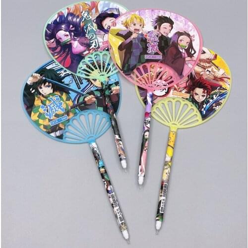 New Anime Demon Slayer Kimetsu No Yaiba Kamado Tanjirou Dual Purpose Cartoon Fan Blue Black Kawaii Pen Kids Stationery Gift