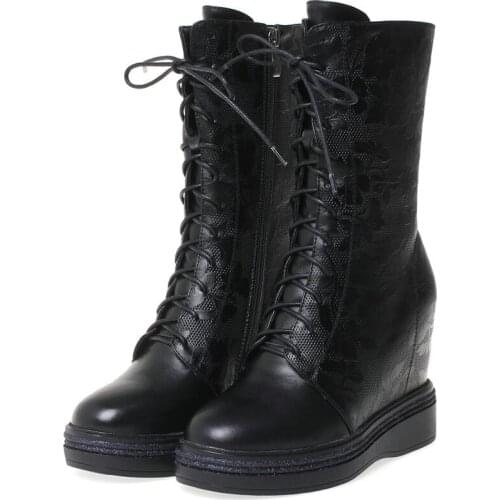 Punk Creepers Women Lace Up Genuine Leather Chunky High Heels Ankle Boots Female High Top Round Toe Fashion Sneakers Casual Shoe