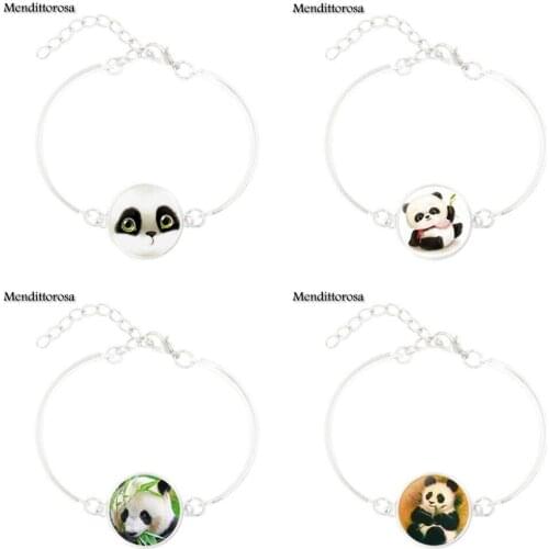 Mendittorosa Giant Panda Baby Cartoon Glass Cabochon Jewelry Black Leather Bracelet Bangle For Unisex Gift