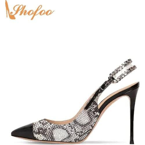 Black Snake Woman Pumps Slingback Patent Pointed Cap Toe High Heels Large Size 13 14 Ladies Summer Fashion Mature Shoes Shofoo