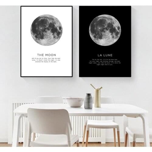 Black white quote wall decor moon canvas painting la lune canvas art poster picture modern wall poster for living room HD2870