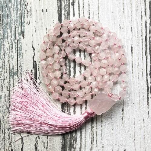Faceted Rose Q-uartz Knotted Boho Jewelry 108 Mala Beads Necklace For Women Raw Rough Q-uartz Pendant Pink Tassel Collier Femme