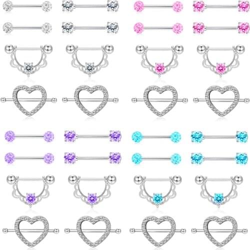 Stainless Steel Heart Nipple Piercing Ring 14G Crystal Nipple Barbell Set Tongue Ring Charming Nipple Piercing Set Pircing Teton