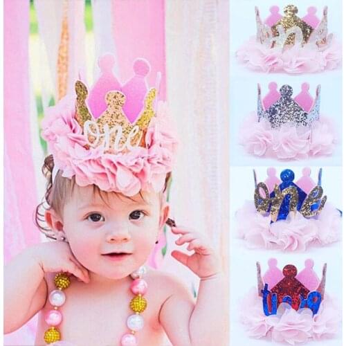 Girls Crown Birthday Party Lace Floral Headband Princess Kids One Two Year Glitter Hat Gold Hairband Baby Shower Decorations