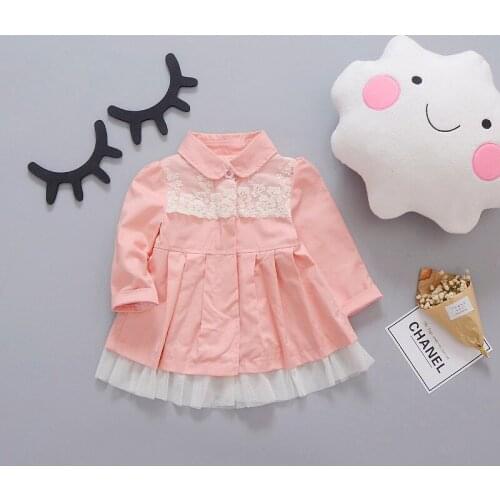 Kpop Spring Pink Sweet Lace Panel Trench Princess Baby Girls Coat Kids Wedding Party Dress Clothing Pink todler skirt 0-4 years