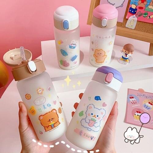 Creative Cute Glass Water Bottle With Straw Cartoon Frosted Drinking bottle Leakproof Travel Drinkware Girl Kawaii Cups Gift