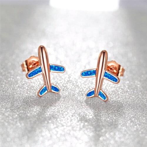 Cute Female White Blue Opal Earrings Rose Gold Silver Color Wedding Earring Classic Aircraft Small Stud Earrings For Women