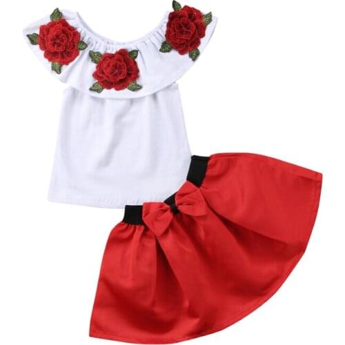 Fashion Kids Baby Girl Off Shoulder 3D Rose Flower Clothing 2Pcs Sunsuit Set Toddler Girl Summer Blouse Top Dress Skirts Clothes
