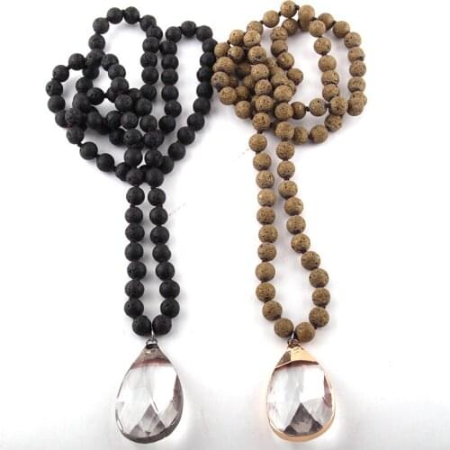 Fashion Bohemian Jewelry Lava Stone Long Knotted Glass Drop Pendant Necklaces