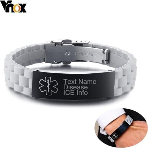 Vnox Men Free Write Text Disease Name Medical Bracelet for Women Casual Silicone Wrist ID Bangles with Custom ICE Reminder Info