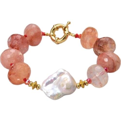 JK Natural Lepidocrocite Quartz White Keshi Pearl Bracelet 8"