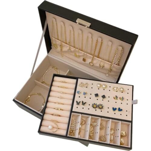 New Double-Layer Leather Jewellery Box Ear Stud Earrings Ornament Storage Box Multi-Function Large Jewelry Box