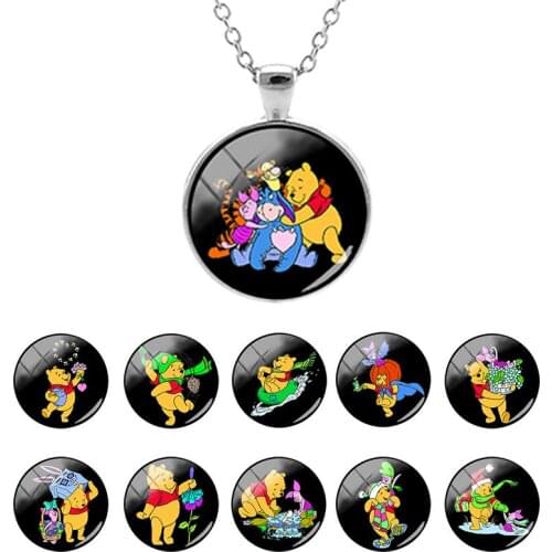 Disney Pooh Bear New Fashion Flat Bottom Glass Dome Pendant Necklace for Lovely Girls Weekend Party Cabochon Jewelry Gifts WN436