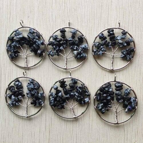 Wholesale 12pcs/lot fashion natural black snow stone handmade wire wrapped tree of life pendants 50mm for necklace marking free