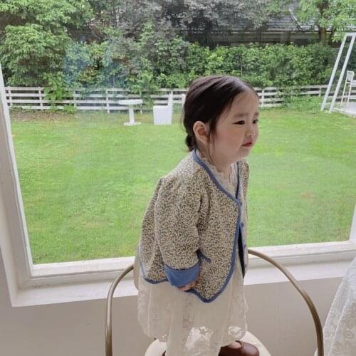 Girls' Coat 2021 Autumn New Childrens Cute Idyllic Style Flower Broken Korean Round Neck Fashion Cardigan Coat Kid Coat