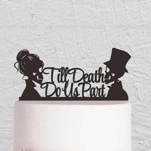 Personalized Skull Cake Topper,Till Death Do Us Part Cake Topper with wedding wood,Custom Cake Topper Skeleton Halloween Topper