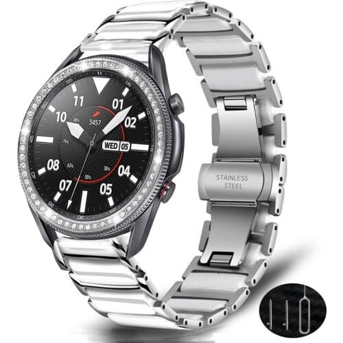 For samsung galaxy watch 3 band + bezel loop for galaxy watch 3 41mm 45mm 46mm 42mm ceramics stainless steel strap bezel ring