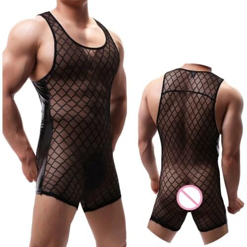 Sexy Men Undershirts Faux Leather Mesh Transparent Jumpsuits Lingerie One-piece Wrestling Singlet Bodysuits Shorts Gay Underwear