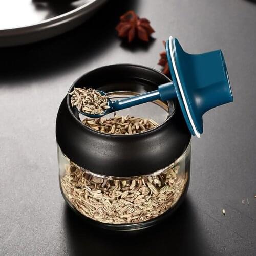 Glass Spice Boxes Spoon and Lid Integrated Spice Jar Kitchen Supplies Home Pepper Salt Shakers Oil Bottle Seasoning Organizer