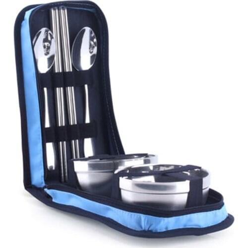 Picnic Tourist Set Outdoor Stainless Steel Tableware Camping Cutlery Chopsticks Spoon Bowls Bag Dinnerware Travel Tools