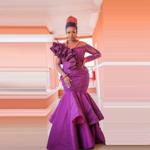 Aso Ebi Evening Party Dresses Elegant One Shoulder Prom Gown Robe de soiree Ruffle Purple Applique Mermaid Long Evening Dress