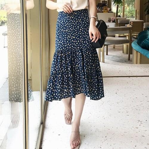 100% Silk Dot Polka Skirt Women Trumpet Irregular Hem Dot Printed Beach Skirts High Quality Fabric Casual Style New Fashion