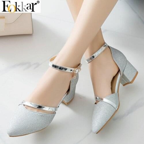 Eokkar 2019 Women D Orsay Pumps Square Heel Ankle Strap Pointed Toe Women Pumps Shoes Glitter Elegant Ladies Pumps Size 34-45