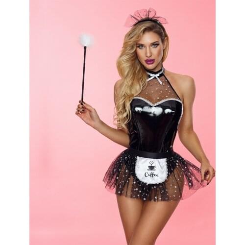 2021 Women Role Play Sexy Maid Uniform Patent Leather Nightclub Dance Costume Dress Set