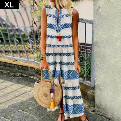 Women Split Neck Dress Casual Sleeveless Striped Ruffled Frock Casual Ladies One Piece Dress Sleeveless Boho Clothing