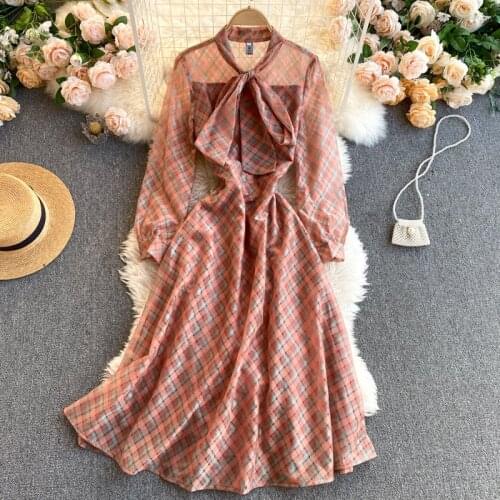 Spring And Summer Womens Plaid Vintage Dress Elegant Ladies Long-Sleeved Bow Bandage Dresses Femme Robe Korean Style