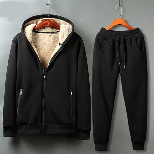 Winter Men Casual Hooded Jackets Woolen Lining Warm Fleece 2 Pcs Tracksuit Full Length Sweatpants Set Suit Plus Size M-4XL