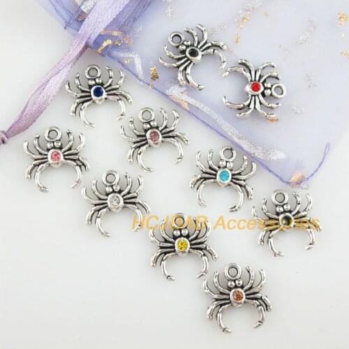 20Pcs Tibetan Silver Tone Retro Spider Mixed Crystal Charms Pendants 17mm