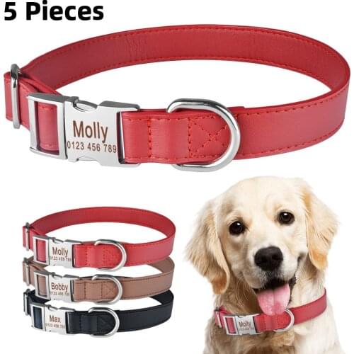 5 Pieces Personalized Dog Collar Soft Padded Leather Durable Name Engraved Boy Girl Dogs Brown Leather Collars Red Black