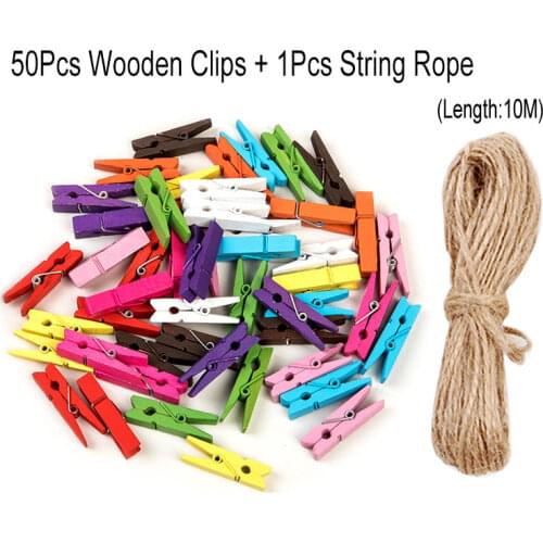 50Pcs/set 35MM Mini Colorful Wooden Clip Photo Clamp DIY Craft Decoration Office Postcard Memo Paper Clips With 10M String Rope