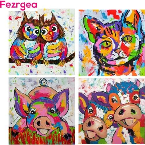 Fezrgea 5D DIY Diamond Painting Owl Cat Bossy Bull Full Drill Square Rhinestone Cross Stitch Cartoon Diamant Painting Home Decor
