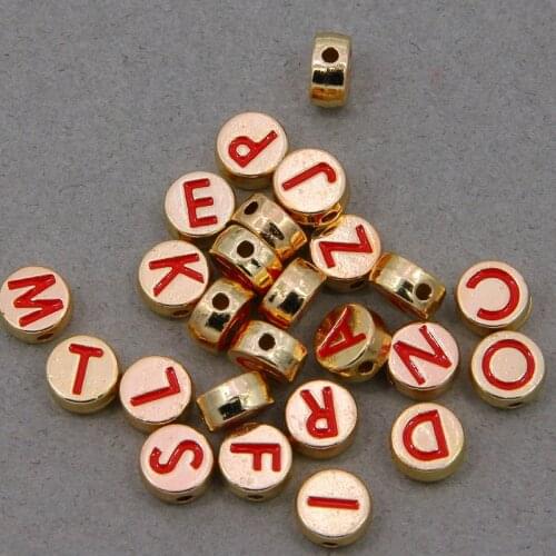 10pcs Flat Round 4X8MM KC Gold Color Letter Beads Metal Red Enamel Alphabet Spacer Beads For Necklace Bracelet DIY Jewelry Makin