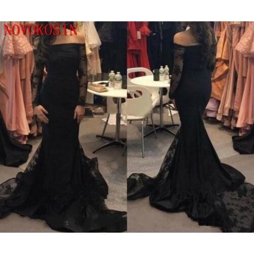 2019 Black Mermaid Prom Dresses Off Shoulder Lace Appliques Long Sleeves Sweep Train Modest Evening Pageant Party Gown