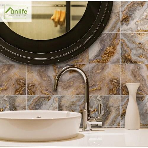 Funlife® Grey and Gold Marble Wall Sticker Waterproof Removable Oil Proof DIY Tile Sticker for Bathroom Kitchen Backsplash Floor