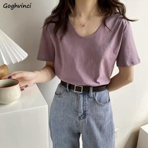 Short Sleeve T-shirts Women Simple Solid V-neck Loose Basic Tees Tops Trendy Classic All-match Female Summer Ins Casual Stylish