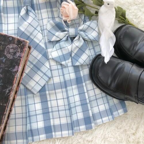 Melting Snow Original Design Blue Plaid Checks Pleated Skirt Good Quality Sharp Pleats Preppy Style & Necktie/Neckbow