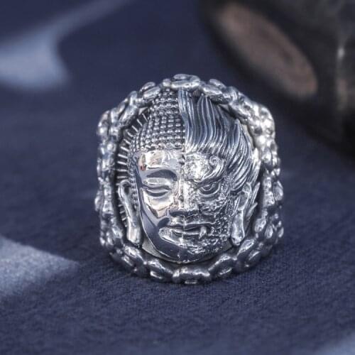 Solid 999 Sterling Silver Thai retro biker MENS men handmade demon buddha ring rings jewelry gift A4769