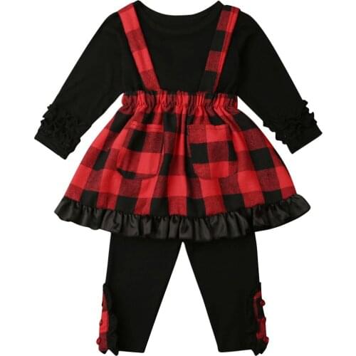2019 Toddler Baby Girl Clothes Sweet Long Sleeve Tops +Dress+ Plaid Pants 3pcs Outfits 0-5Years