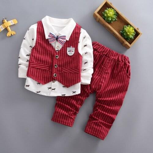 Baby Boys Formal Clothes Set Baby Boys Outfits Striped Vest +Print Blouse +Pants Kids 3Pcs Sets Toddler Gentleman Clothes Suit
