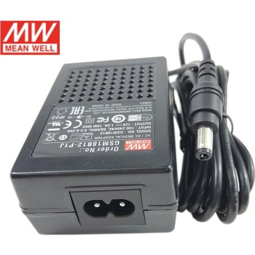 MEAN WELL GSM18B Medical Adapter 15W 18W 5V/3A 7.5V/2A 9V/2A 12V/1.5A 15V/1.2A 18V/1A 24V/0.75A 48V/0.375A Adaptor Power Supply