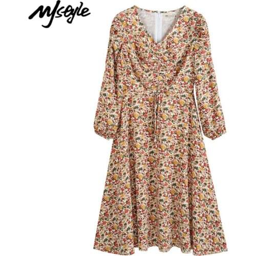 MJstyle 2021 Spring New Prairie Chic French Fashion V-Neck Collar Floral Long Sleeve Dress, Summer Vintage Dress Women 521060031