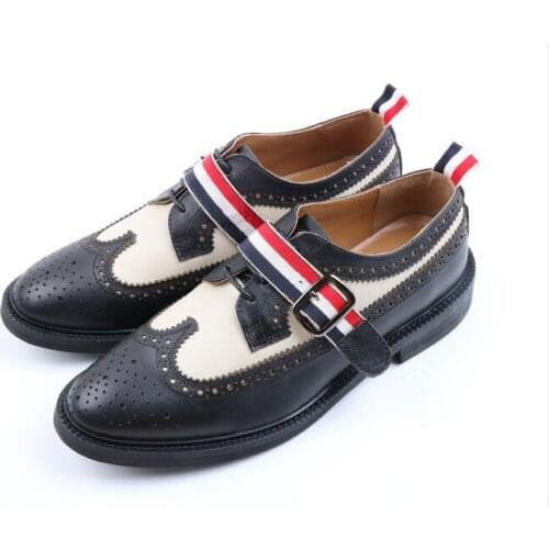 Black White Mixed Color Men Carved Genuine Leather Handmade Brogue Shoes Male England Style Gingham Buckle Band Dress Shoes